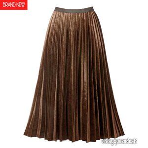 Pleated A-Line High Waist Swing Flare Midi Skirt Wrinkle Resistant Polyester